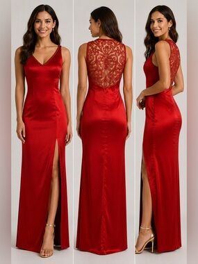 Vintage Nadine Red Beaded Illusion Back Satin Formal  Gown Dress Size 9